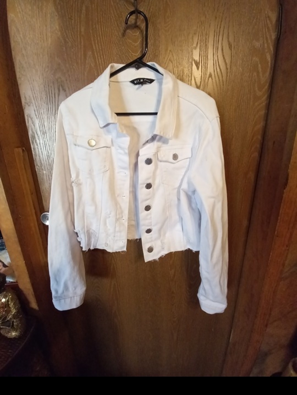 VIP White Cropped Distressed Denim Jacket